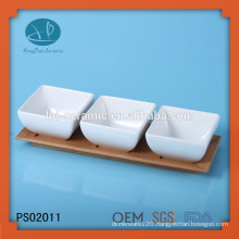4pcs serving dish set,ceramic bowl with bamboo tray,porcelain bowl set with tray